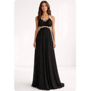 Vintage Nina Austin Black Silk Grecian Maxi Dress Beaded Animal Print Halter L